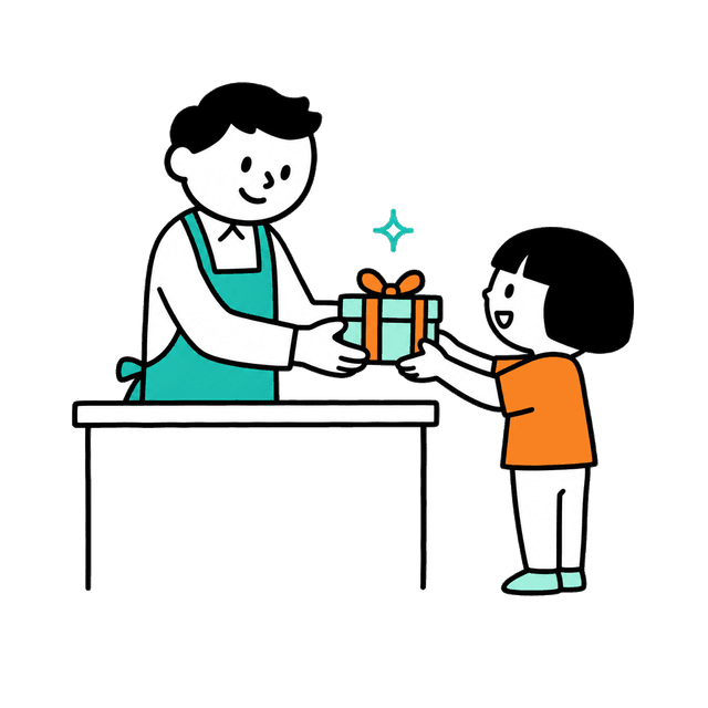 店頭で商品を手渡すショップオーナーのイラスト