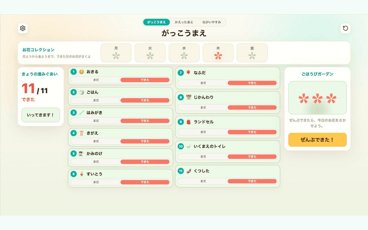 おしたくボードの画面。朝の支度11項目がすべて「できた」になっている