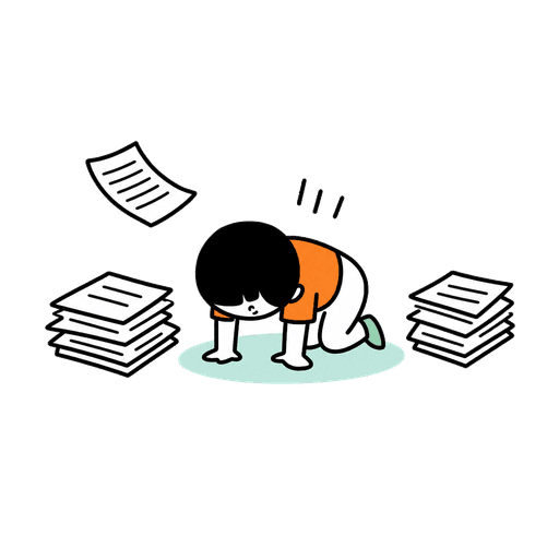 山積みの書類にへたり込むキャラクター